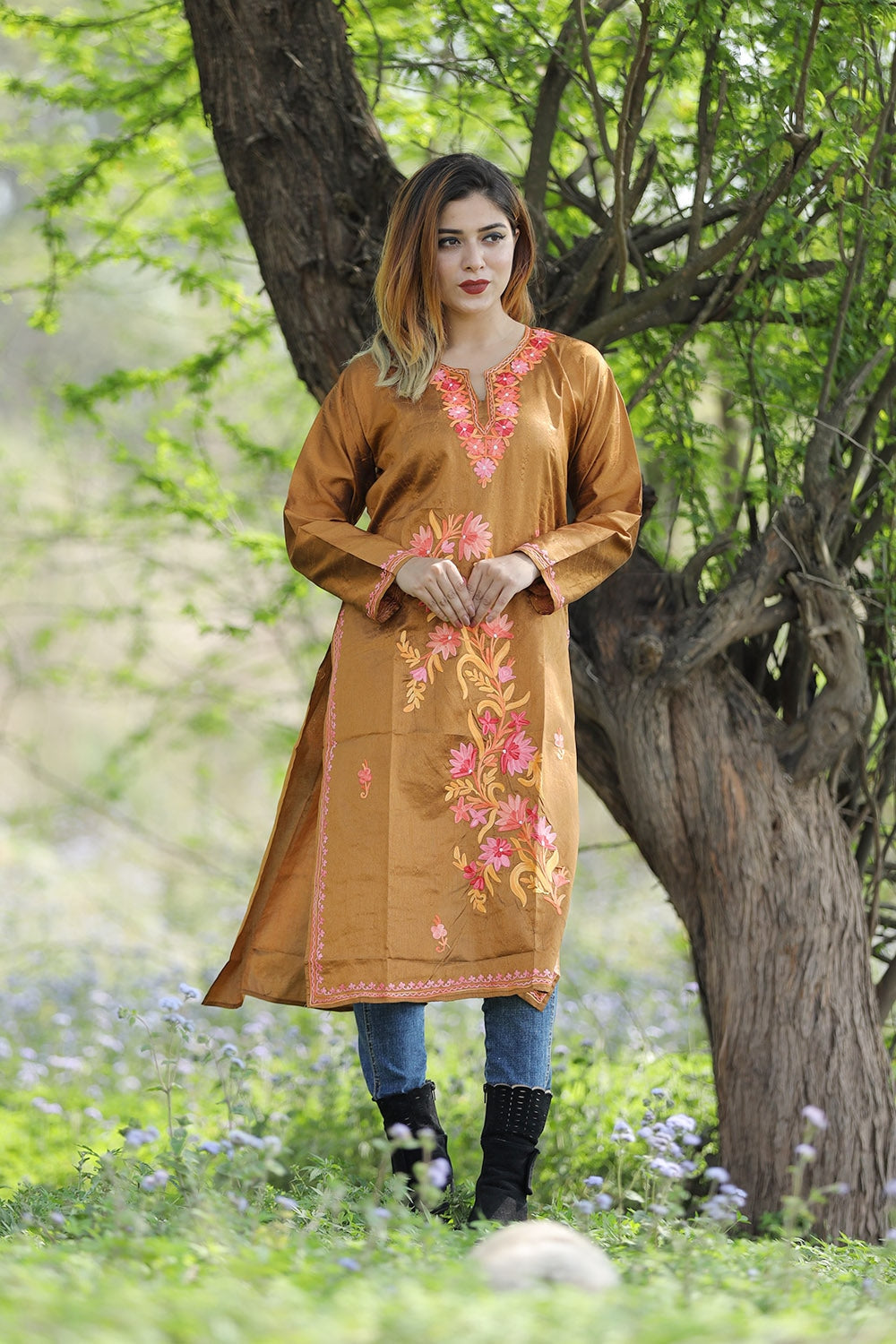 amazing bronze colour rayon silk kurti beautiful aari embroidery attractive wearer cotton 938